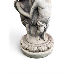 Cast stone cherub bird bath, circular removable top raised on three cherubs with ornate detailing