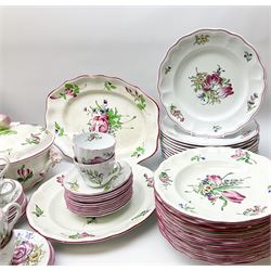 Matched Copeland Spode, Spode and French Luneville and Marlborough Sprays pattern dinner and tea wares, comprising two tureen and covers and apple finials, two sauce tureen and covers with pear finials and fixed stands, six graduated platters including two pairs, large plate, thirteen dinner plates, twelve bowls, ten smaller bowls, eight side plates, eleven smaller side plates, teapot, twin handled sucrier and cover with apple finial, open sucrier, cream jug, smaller cream jug, four breakfast cups, eight tea cups, four large saucers, eleven smaller saucers, and nine further smaller saucers. 