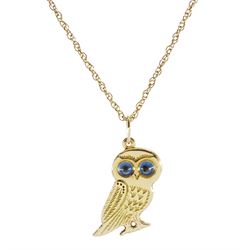 14ct gold owl pendant, stamped 585, on 9ct gold necklace hallmarked