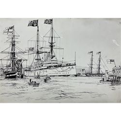 Charles Edward Dixon (British 1872-1934): 'The return of the Duke and Duchess Connaught - HMS Renown entering Portsmouth Harbour', pen and ink on card with 'Reynold's Bristolboard' blindstamp signed 28cm x 39cm (unframed)
Notes: an original sketch for The Graphic/The Sketch