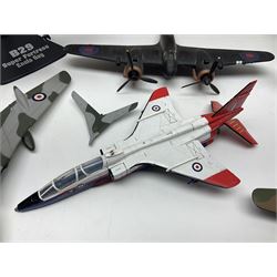 Thirteen unboxed Corgi Aviation Archive or similar die-cast models of aircraft, most with stands; Airfix 1:72 scale construction kit for BAe Harrier GR3; and two boxed Shell Collection die-cast models of cars