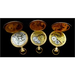 Three American gold-plated pockets including full hunter keyless Traveller pocket watch by Waltham, No. 14690196, full hunter by The New Haven, No. 1180019 and an open face by Elgin, all white enamel dials with Roman numerals