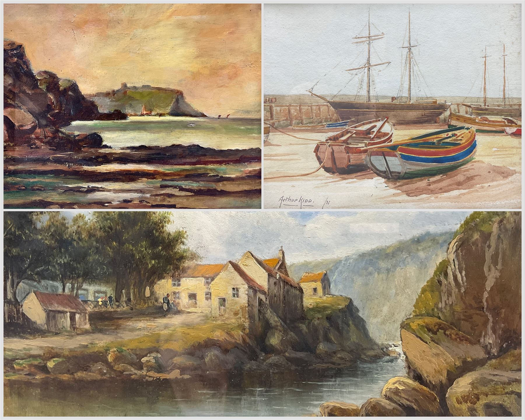 English School (19th century): Scalby Mills Hotel and Beck - Scarborough, oil on board unsigned; Scarborough South Bay, oil on canvas by a different hand unsigned; Arthur Kidd: Boats in Scarborough Harborough, watercolour signed and dated '31, max 16cm x 24cm (3)