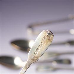 Set of six George IV silver fiddle pattern tea spoons London 1827 engraved with initials and a pair of later sugar tongs