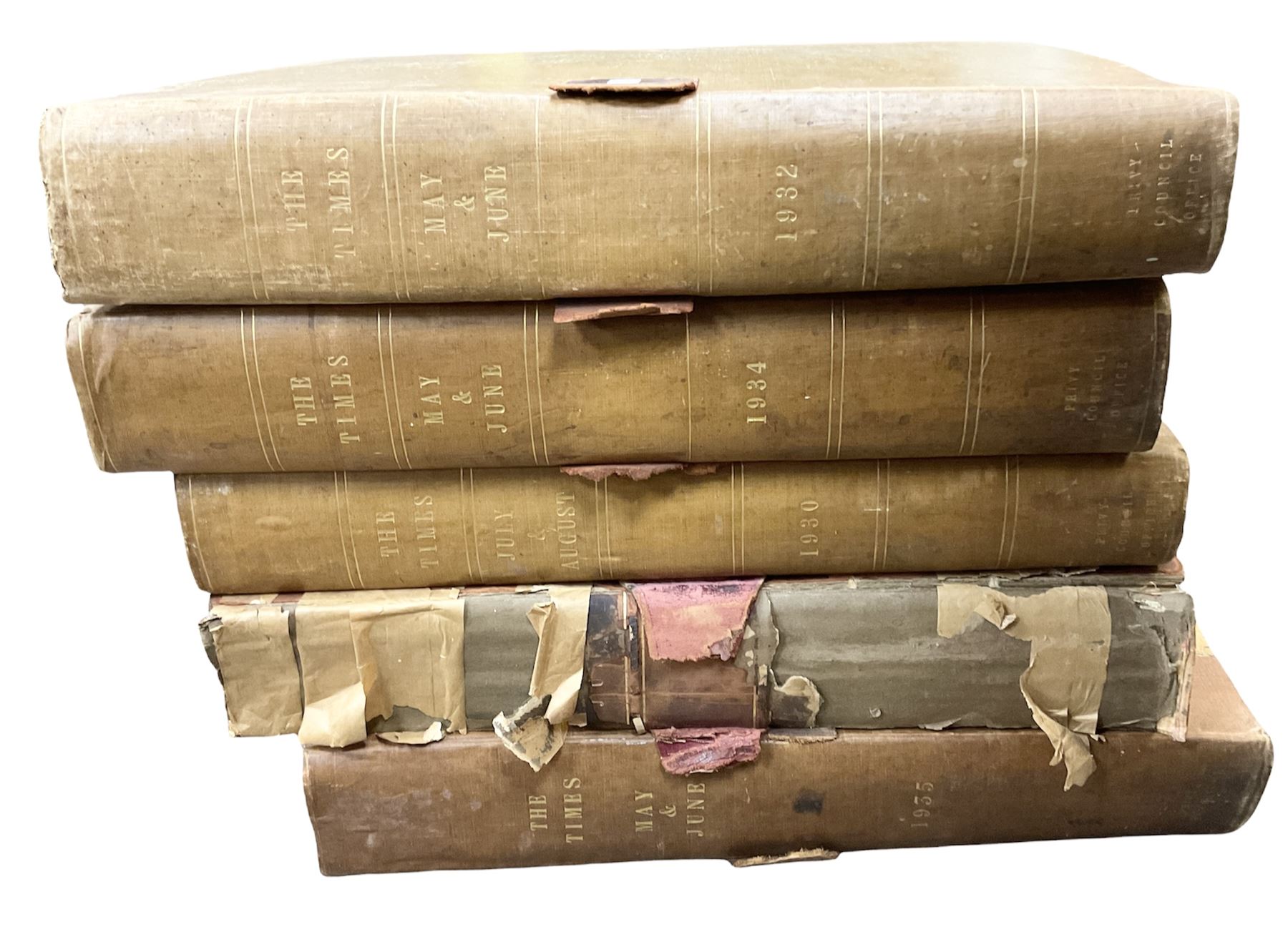 The Times Newspaper; an archive of The Times newspapers bound as five albums comprising, 1930 July & August, 1924, May & June, 1932 May & June, 1934 May & June, 1935 May & June