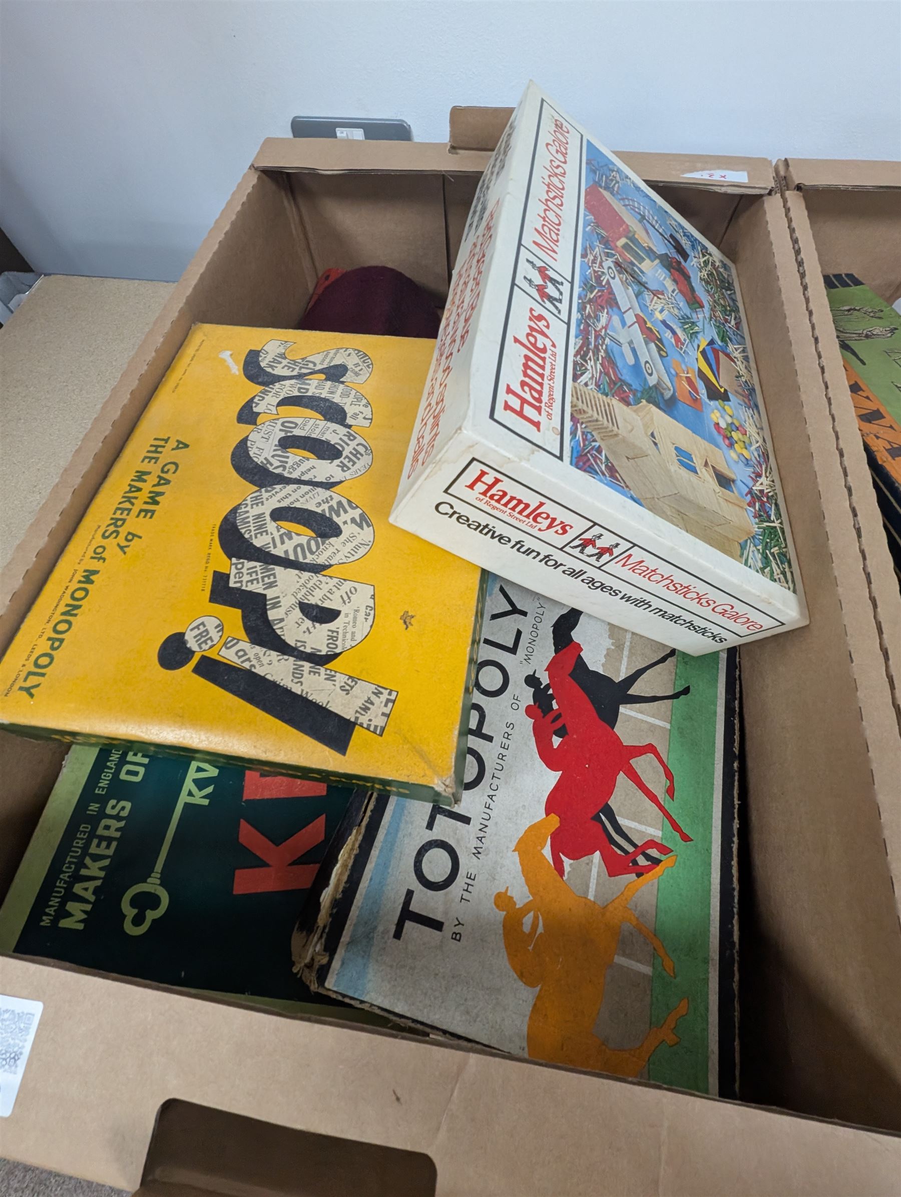 Collection of boxed vintage board games, including Balyna Cricket, Identity Kit, Gyroscopes, Waddingtons Scoop, etc