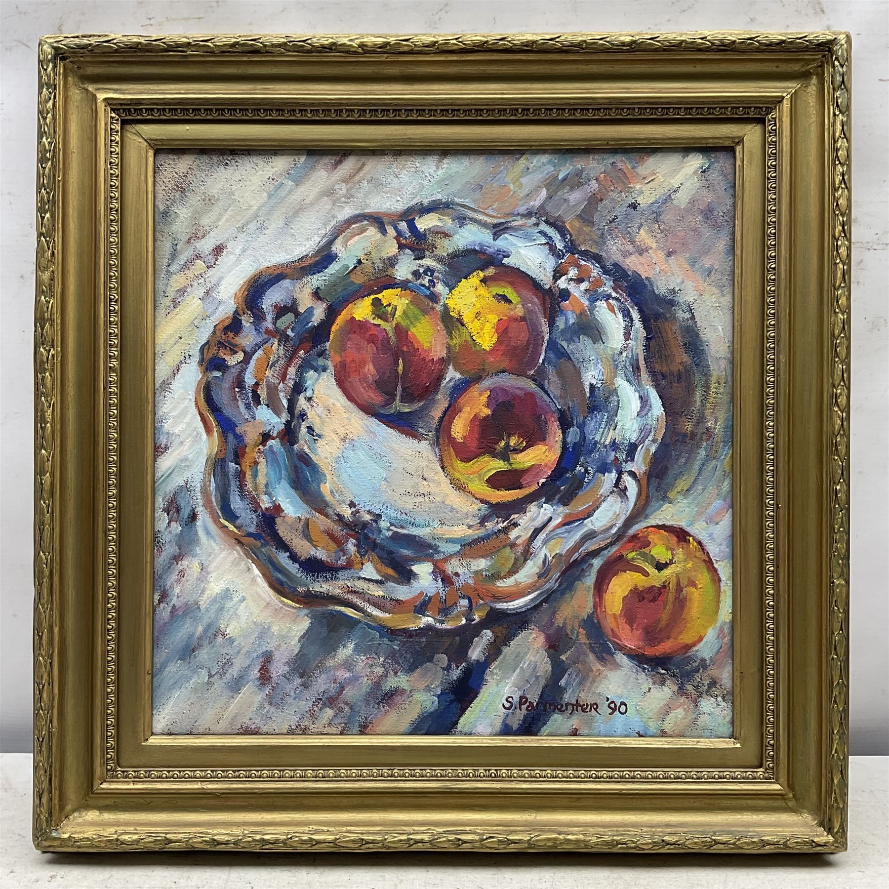 Susan Parmenter (British 1954-): Peaches on a Delft Plate, oil on canvas signed and dated ‘90, 35cm x 34cm 