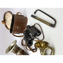 Copper single valve hunting horn of curved and tapering oval form L17cm; nickel and cow-horn hunting horn with stag and archer mounts; another small car type brass horn; two pairs of binoculars, one in calf leather case; and military portable brass and iron suspension scales marked Hill Resilient Henston with two broad arrows and BC3960 1955 (6)