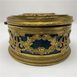 Continental box of oval form, gilt mounted with scroll and foliate garland decoration, the hinged cover inset with a circular miniature portrait of a gentleman in period dress, signed by artist, L18cm