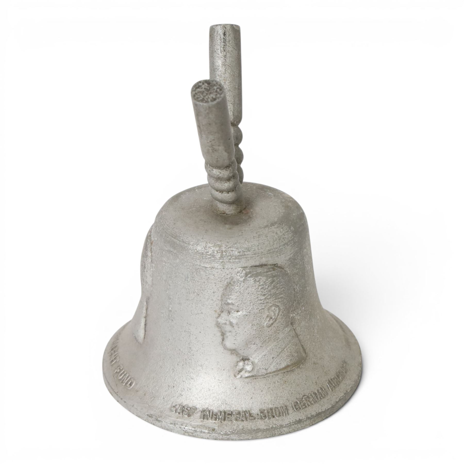 R.A.F. benevolent fund victory bell, cast in metal from German aircraft shot down over Britain 1939-1945, decorated in relief with allied leader, H19cm 