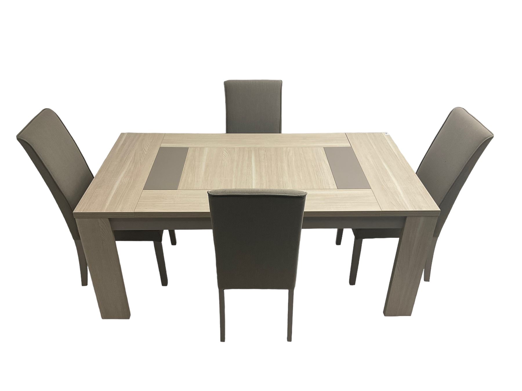 Wayfair Veasley - washed oak finish rectangular dining table, and set four high back dining chairs upholstered in grey fabric