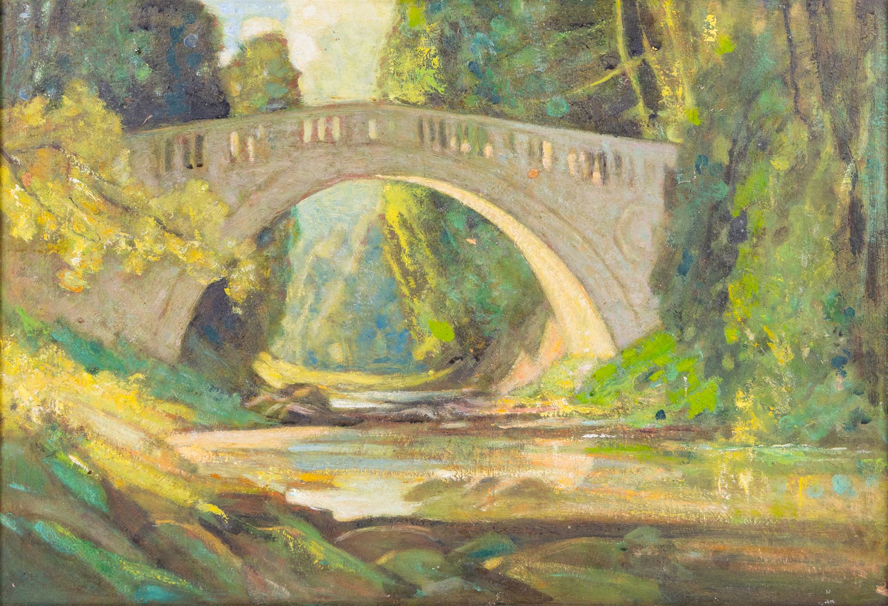 Walter Herbert Allcott (British 1889-1951): 'Greta Bridge - Yorkshire', oil on canvas, signed and titled verso 37cm x 54cm 