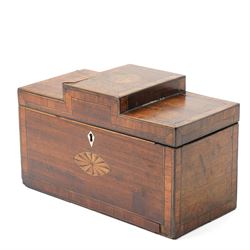 Sheraton design mahogany tea caddy with raised centre section, shell inlay and satinwood cross banding, the interior with two divisions and spoon rack W27cm. 