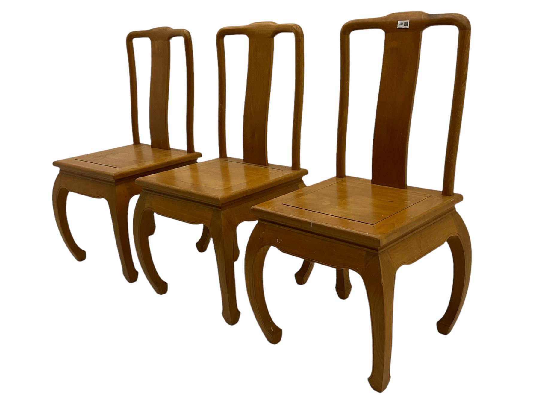 Oriental hardwood rectangular dining table, and six high back dining chairs with solid seats