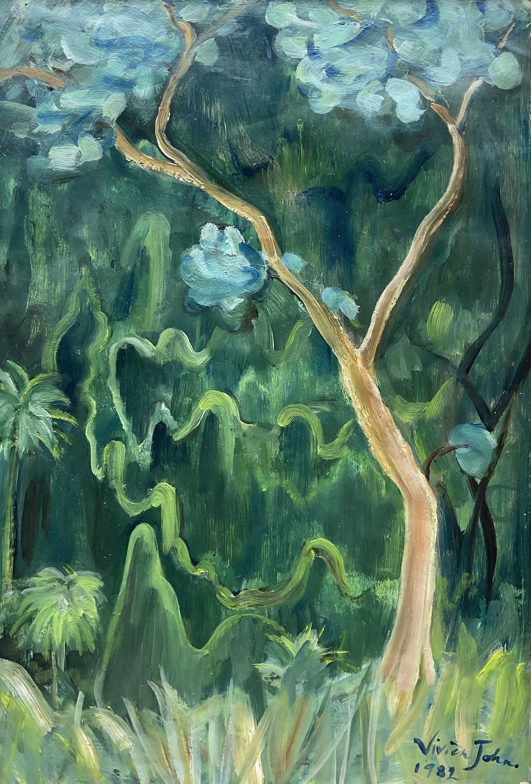 Vivien John (British 1915-1994): 'Forest Scene', oil on board signed and dated 1982, titled on label verso 55cm x 37cm 