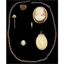 Collection of Victorian and later 9ct gold jewellery including cameo brooch, pearl stick pin, gold chain and rings, all hallmarked or tested and a gold-plated engraved locket pendant