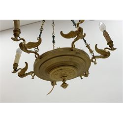Empire style six light chandelier, green and gilt metal with swan design arms , suspended on three chains, height when suspended approx 68cm, diameter 57cm, not tested