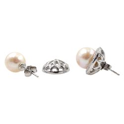 Pair of 9ct white gold pearl stud earrings, with detachable diamond channel set cradles