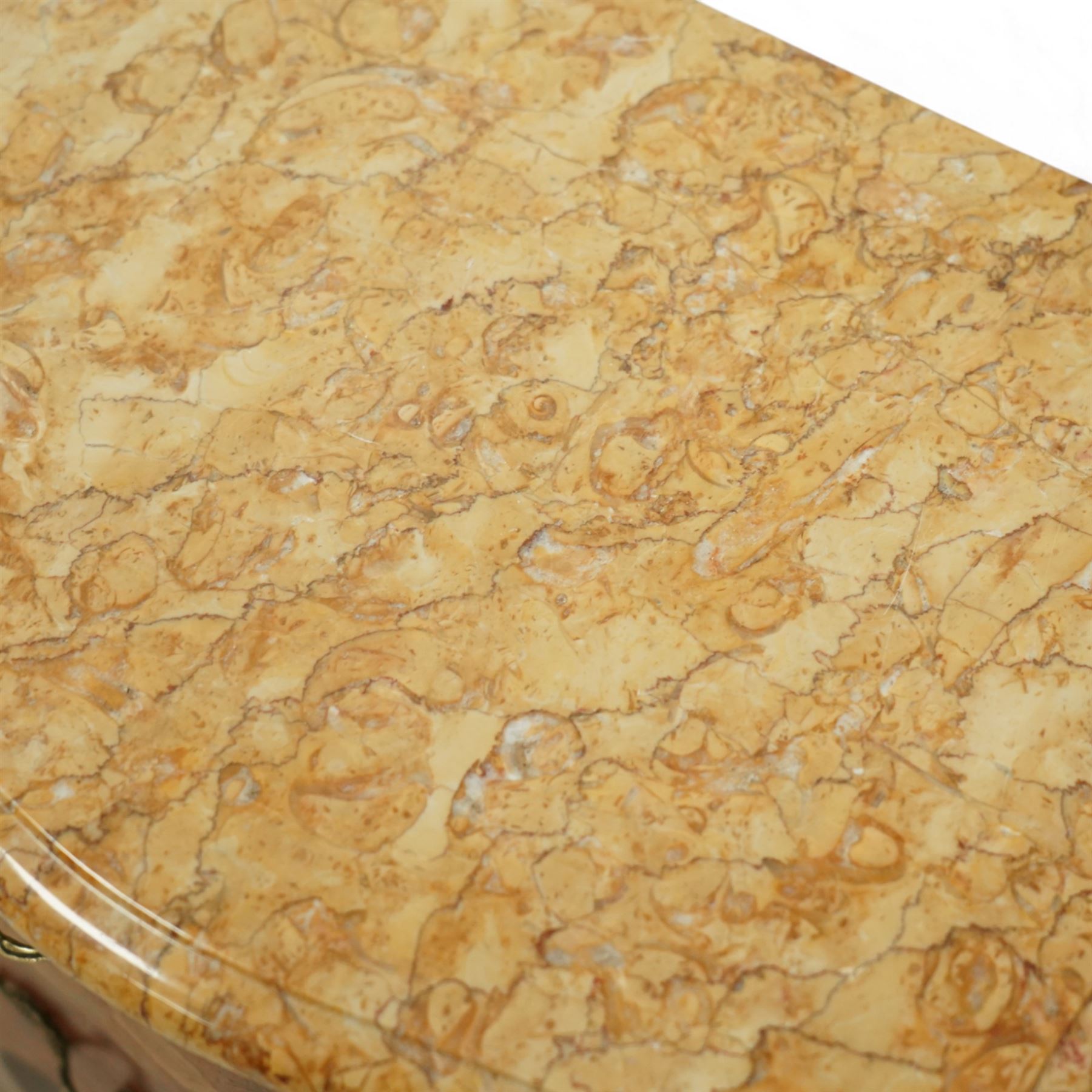 Pair of early 20th century French marquetry bedside cabinets, each serpentine marble top above two drawers with floral inlay, ormolu mounts and handles, on slender cabriole supports with sabots