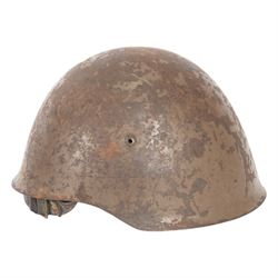 WWII Indian Army steel helmet, with chinstrap, together with Portuguese M30 steel helmet with liner and leather chin strap 