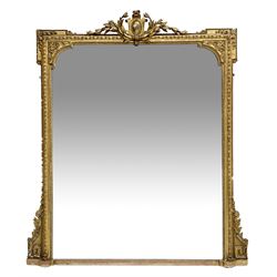 19th century gilt wood and gesso overmantel mirror, cartouche and laurel wreath cresting pediment, the surround moulded with husks and beading, scrolled acanthus leaf and Greek key brackets