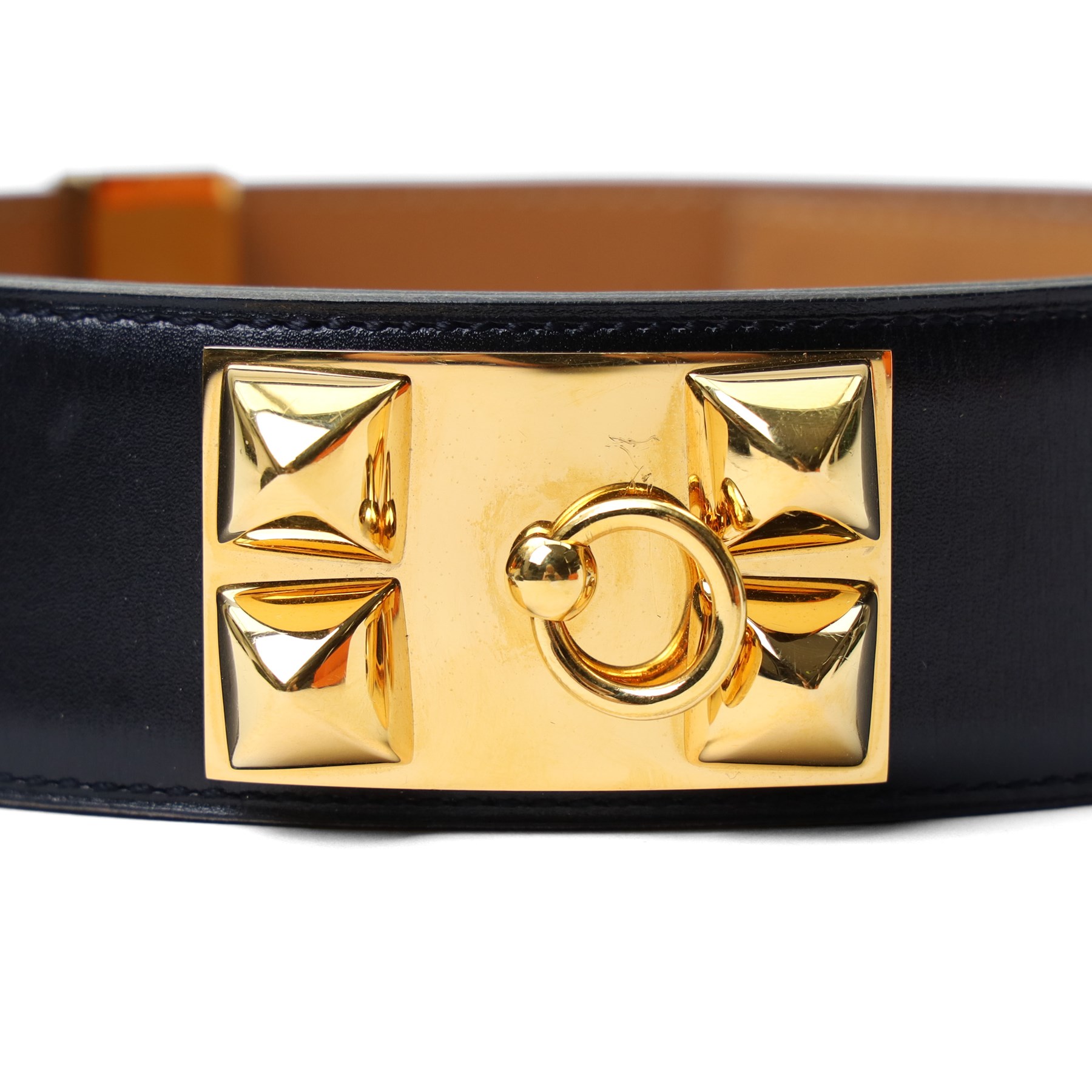 Hermès - ‘Collier de Chien 50’ black leather belt, with yellow gold-tone pyramid stud and hardware, size 80, with original box