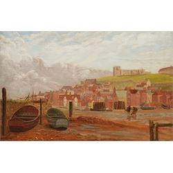 English School (19th/20th century): Low Tide Whitby Harbour, oil on canvas signed with indistinct monogram 19cm x 29cm