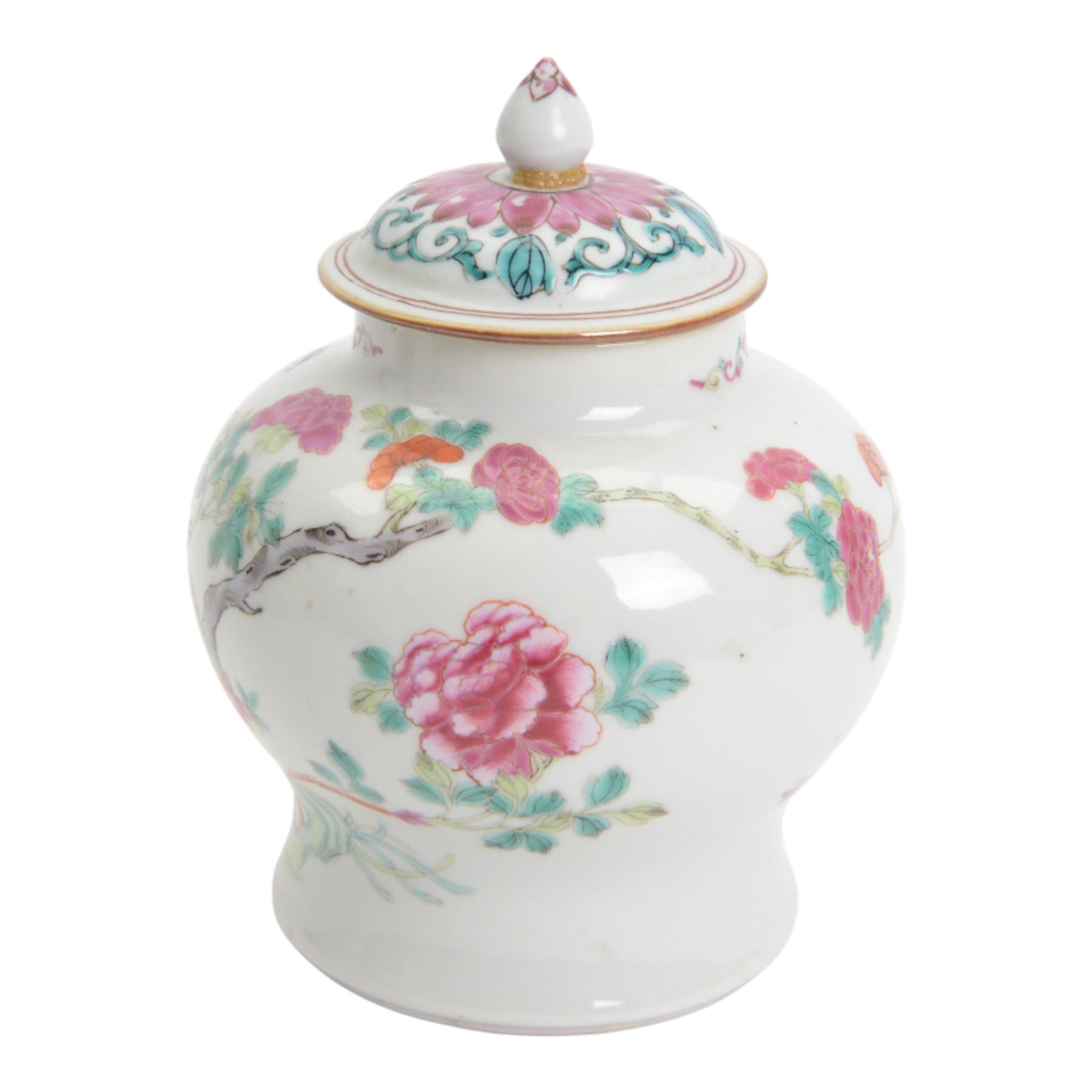 Chinese Qianlong period famille rose porcelain jar and cover, of small squat baluster form with domed cover and knop finial, finely enamelled in the famille rose palette with peony blooms, flowering prunus and bamboo issuing from pierced rockwork, upon a white glazed ground, with underglaze blue double ring mark beneath, H15cm

Provenance: From the collection of Andrew Chichester Everitt.