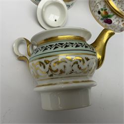 Two 19th century continental teapots and warmers, each teapot upon a cylindrical warming base, hand printed with floral sprigs, birds and insects, largest H22cm 