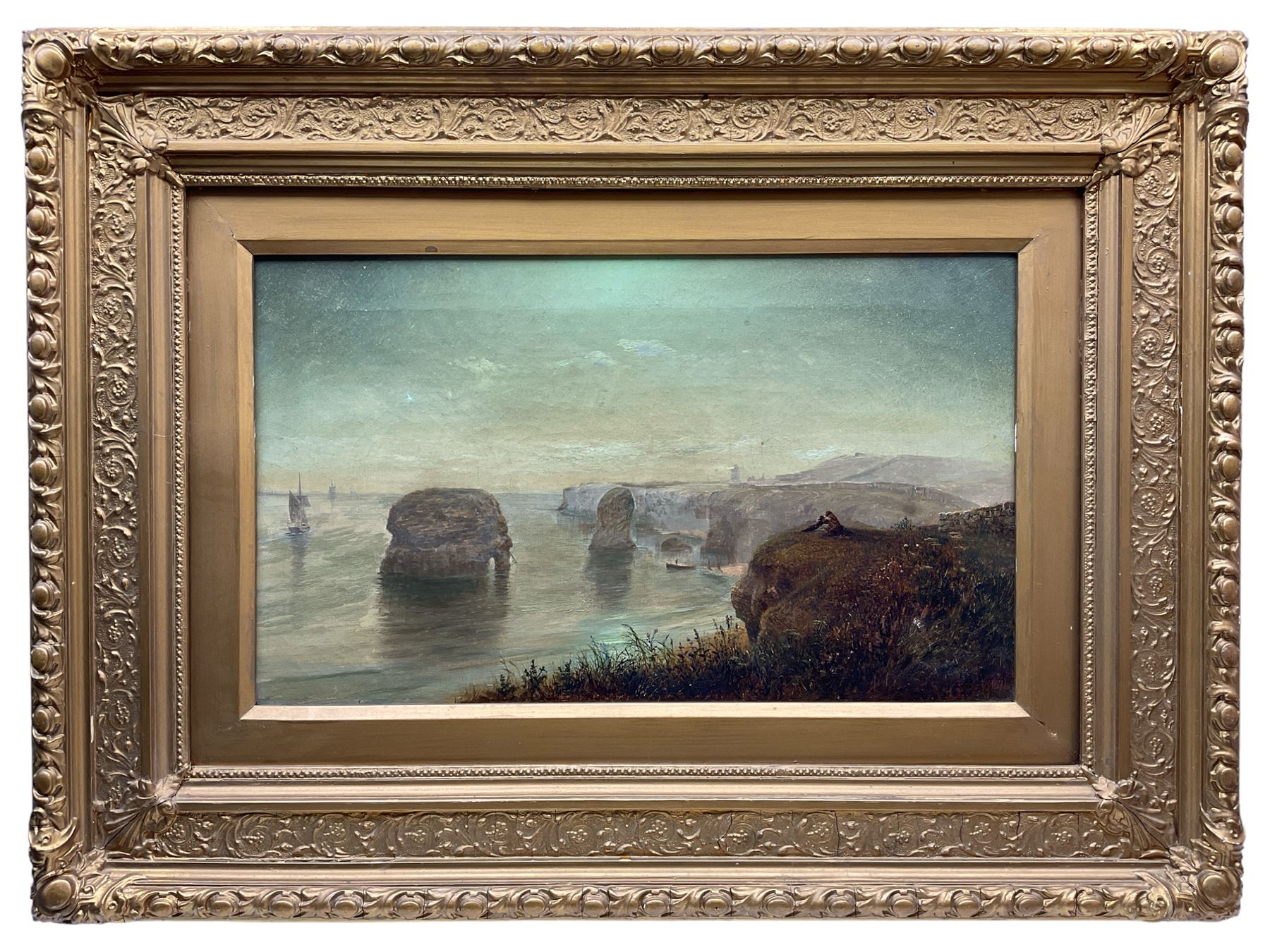 Robert Jobling (Staithes Group 1841-1923): Figures on the Clifftop overlooking Sea Stacks, oil on canvas signed and dated '1874, 29cm x 49.5cm