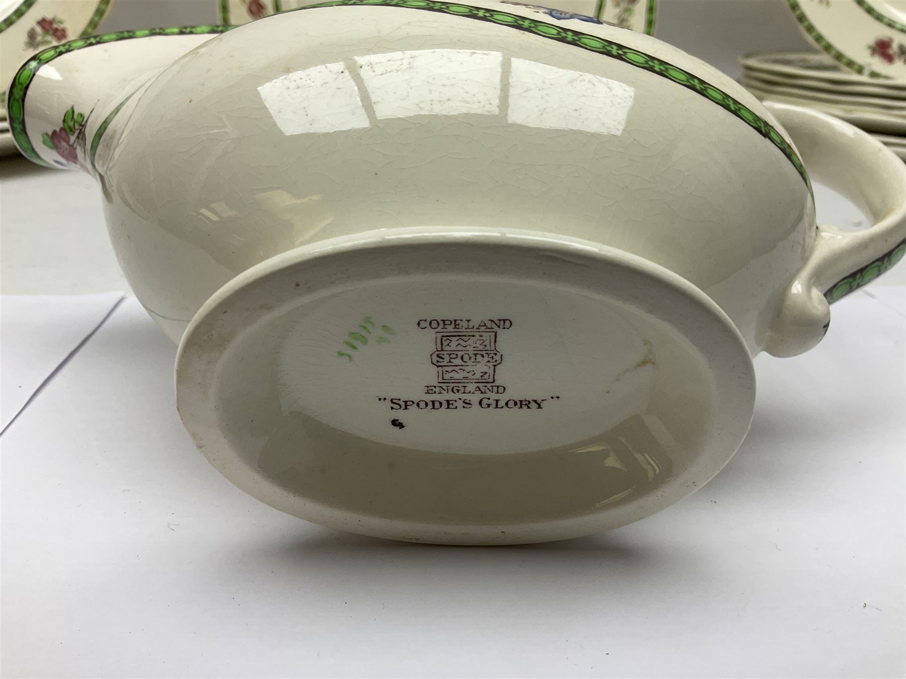 Copeland Spode, Spode's Glory pattern part dinner service, comprising two covered tureens, six dinner plates, six side plates, six dessert plates, sauce jug, three serving dishes of various sizes   