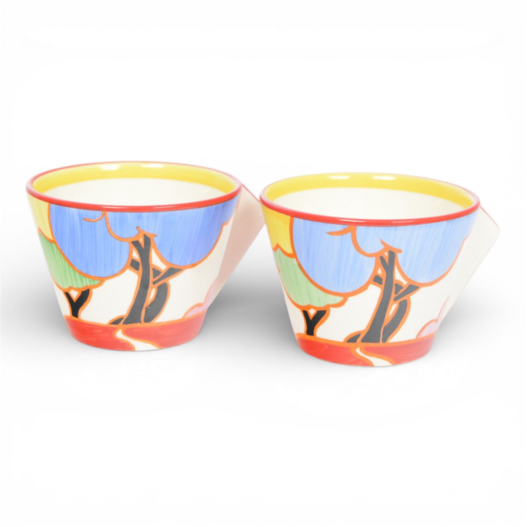 Wedgwood Bizarre by Clarice Cliff, Two sets of May Avenue, Colonial Teacup, saucer and side plate, limited edition 327 and 287 of 500, both with certificate and box