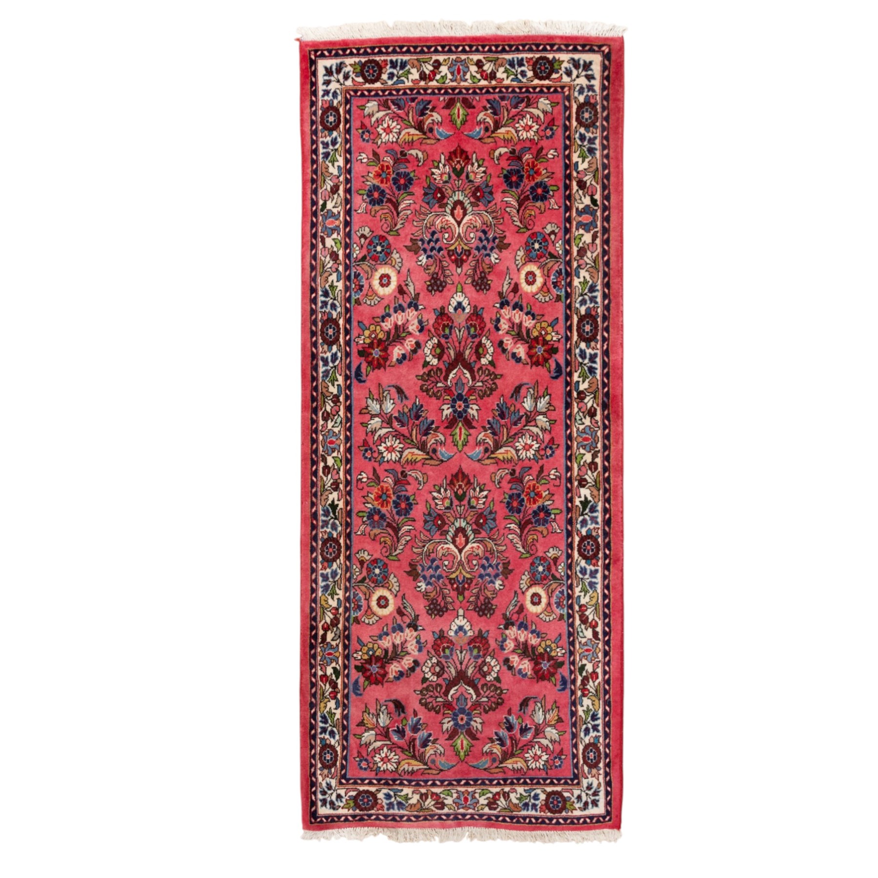 Persian rose ground runner rug, the field decorated with repeating polychrome floral sprays and scrolling palmettes, enclosed by an ivory floral border and narrow navy geometric guard stripes