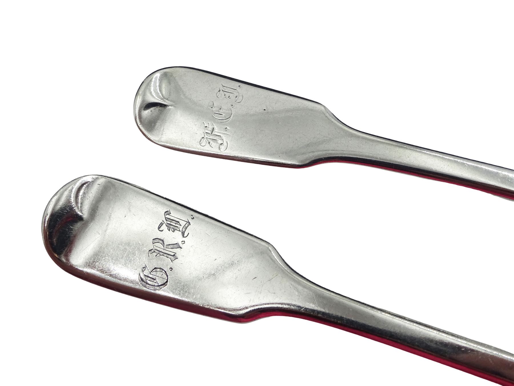 Seven silver Fiddle pattern forks with engraved initials to terminals, comprising set of five Victorian examples, hallmarked John Stone, Exeter 1845, a William IV example, hallmarked William Rawlings Sobey, Exeter 1836, and a Victorian example, hallmarked Samuel Hayne & Dudley Cater, London 1855, approximate weight 10.03 ozt (312 grams)