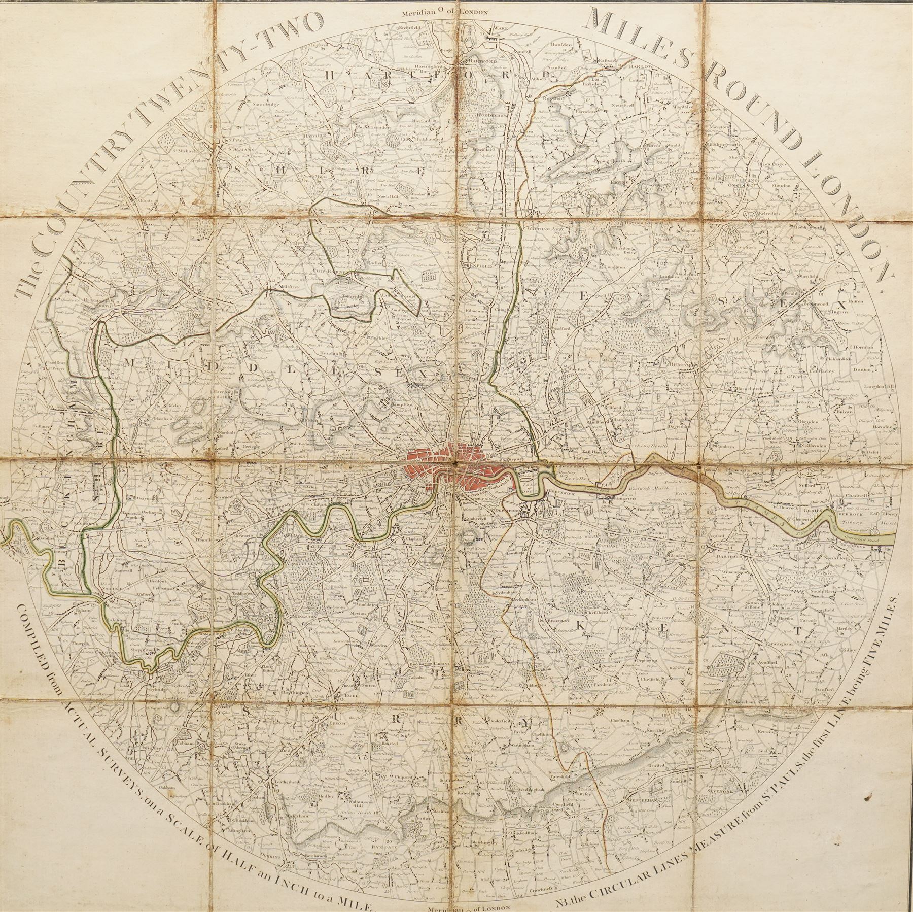 John Wallis (British 1745-1818) 'The Country Twenty-Two Miles Round London', 18th century engraved folding map with hand-colouring pub. 1783, 60cm x 60cm