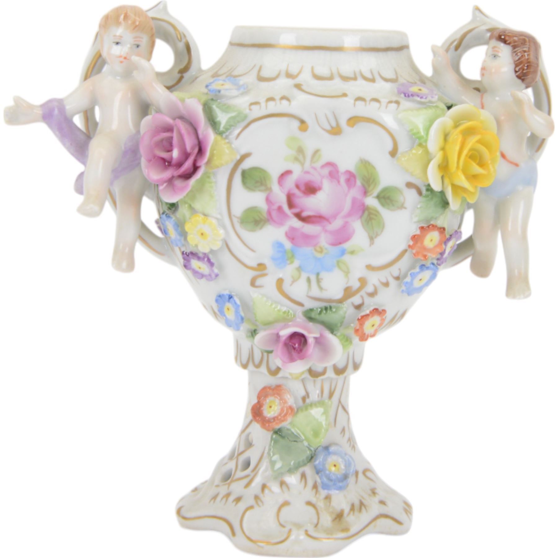 Reine Handarbeit, German ceramic cased mantle clock with applied floral decoration, together with two vases, clock H31cm