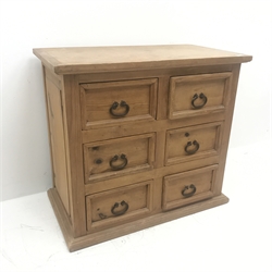 Waxed pine chest, six drawers with iron handles, W100cm, H89cm, D54cm