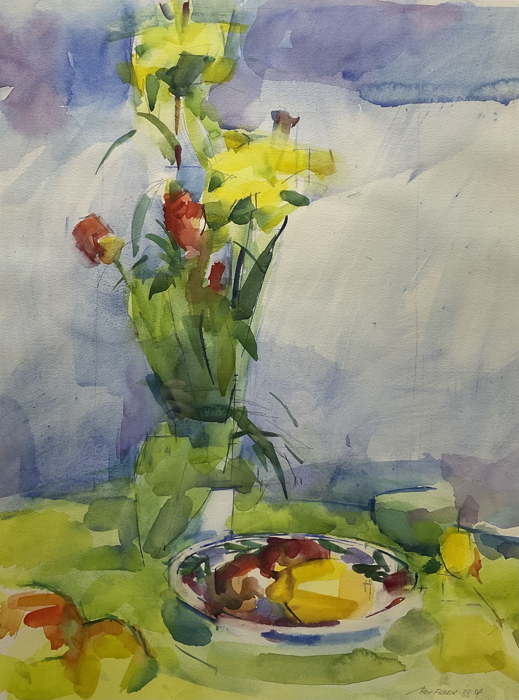 Roy Freer (British 1938-): 'Yellow Flowers/Green', watercolour signed and dated '88, titled verso 66cm x 49cm 