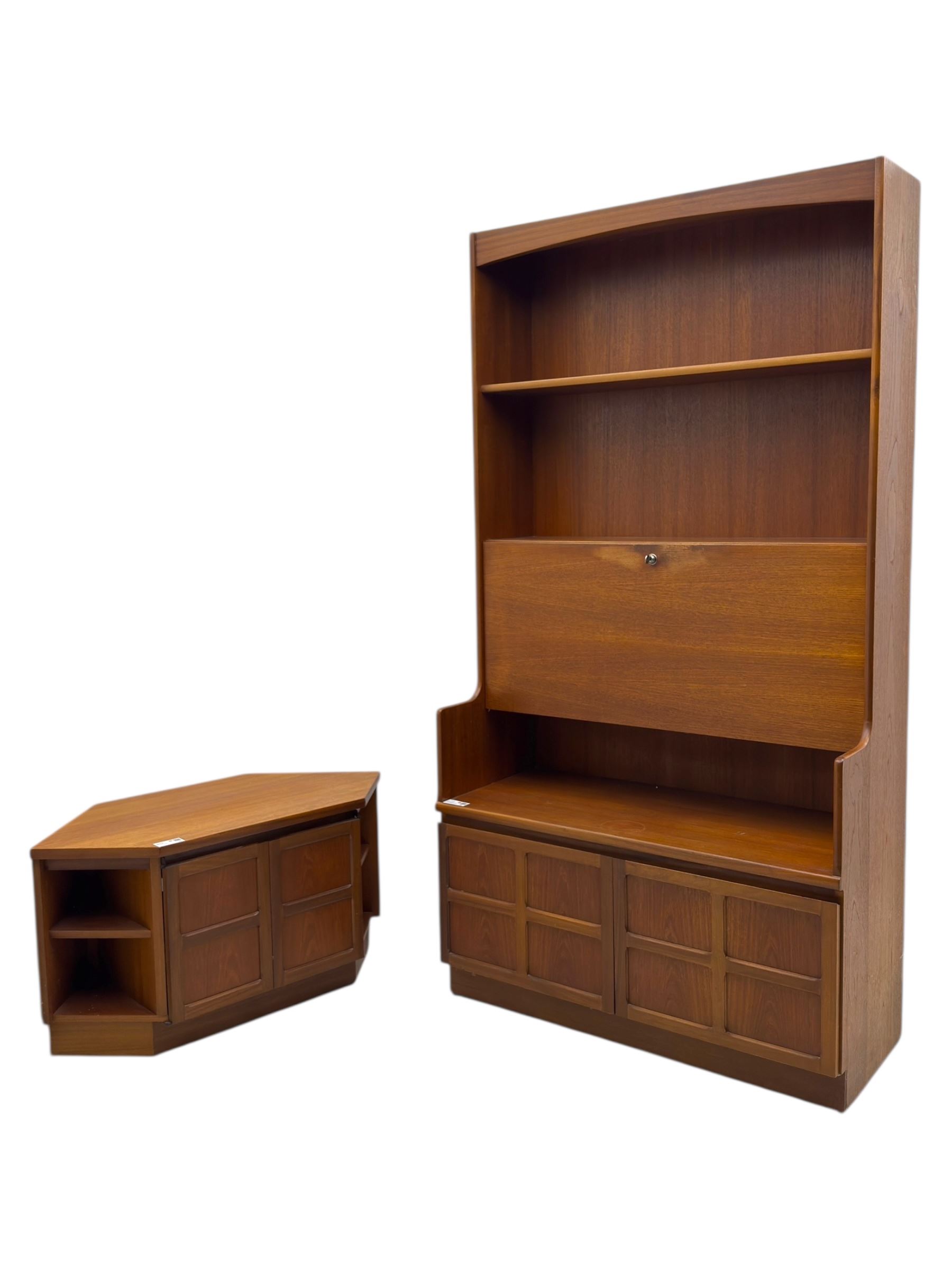 Nathan - teak wall unit and corner TV unit, bookcase unit with fixed shelves, locking fall front writing surface and twin door base with recessed panels(H 194cm, W 102cm, D 45cm), along with a matching angled corner TV cabinet with cupboard and side shelving (H 51cm, W 91cm, D 48cm)