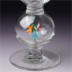 Set of six 1930s glass goblets by William Swingewood for Stevens & Williams, each goblet with lampwork glass stem, the large hollow blown knop containing dog, pair of hounds, horse, raven and two with flowers, H18cm (6)