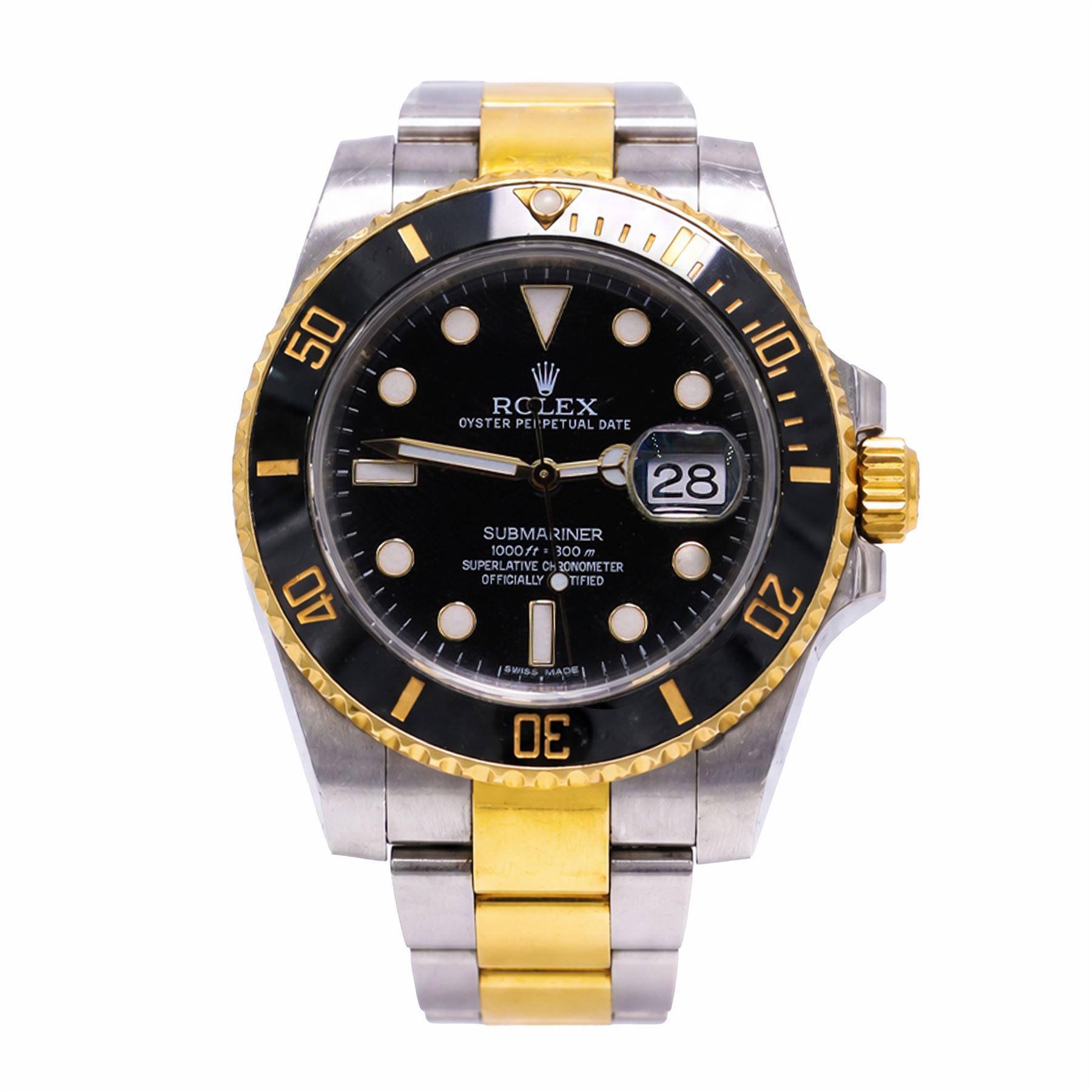 Rolex Oyster Perpetual Submariner Date gentleman's stainless steel and gold automatic wristwatch, Ref. 116613LN, serial No. 8201P7C5, back dial with luminous hour markers, unidirectional rotating black ceramic bezel, on stainless steel and yellow gold Rolex Oyster bracelet with fold-over clasp, boxed with guarantee card dated 2013