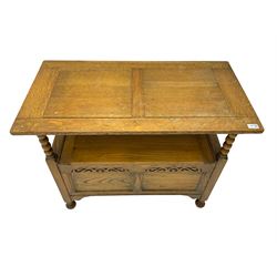 17th century design oak monks bench, hinged metaphoric table back, bobbin turned supports over hinged box seat compartment