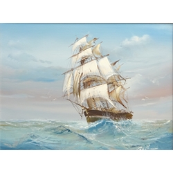  Clippers at Sea, pair 20th century oils on canvas signed by Baill, Sea Battle, oil indistinctly signed and Harbour Scene, oil signed W. Jones max 30cm x 40cm (4)  