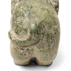 Carved stone Rhino, W44cm and a pair of two green stone Elephants, W38cm (3)