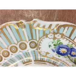  Early to mid 19th century porcelain dessert service comprising shaped serving dish, two comports and five plates, each having central floral gilded motif, within panels of hand painted flowers and radiating border on pale blue ground, in the manner of Ridgway, pattern no. 207 (8)  