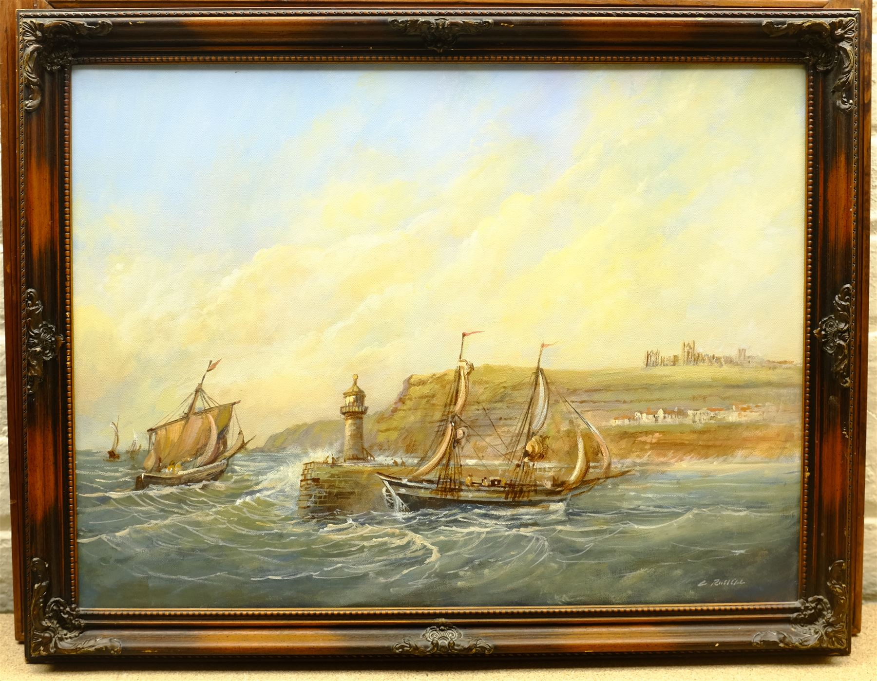 Colin Russell (British 1932-2009): Fishing Boats returning to Whitby Harbour, oil on canvas signed 44cm x 60cm; Roy (Royston) Buckley (British 20th century): 'Scarborough Pierhead 1890', acrylic on board signed 46cm x 62cm (2)
