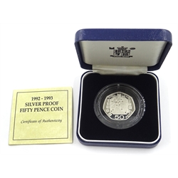  EEC 1992/1993 silver proof fifty pence coin, cased with certificate  