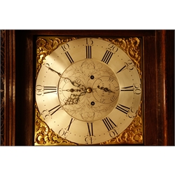  18th century mahogany crossbanded oak long case clock, square brass dial with silvered Roman chapter and subsidiary seconds and date dials inscribed 'Fearnly Wigan' 8-day movement striking the hours on a bell, case with swan neck pediment above glazed fretwork frieze, fluted acanted angles and shaped door on moulded base with shaped bracket feet, retains original 'Kick Back' repeater levers, H215cm  