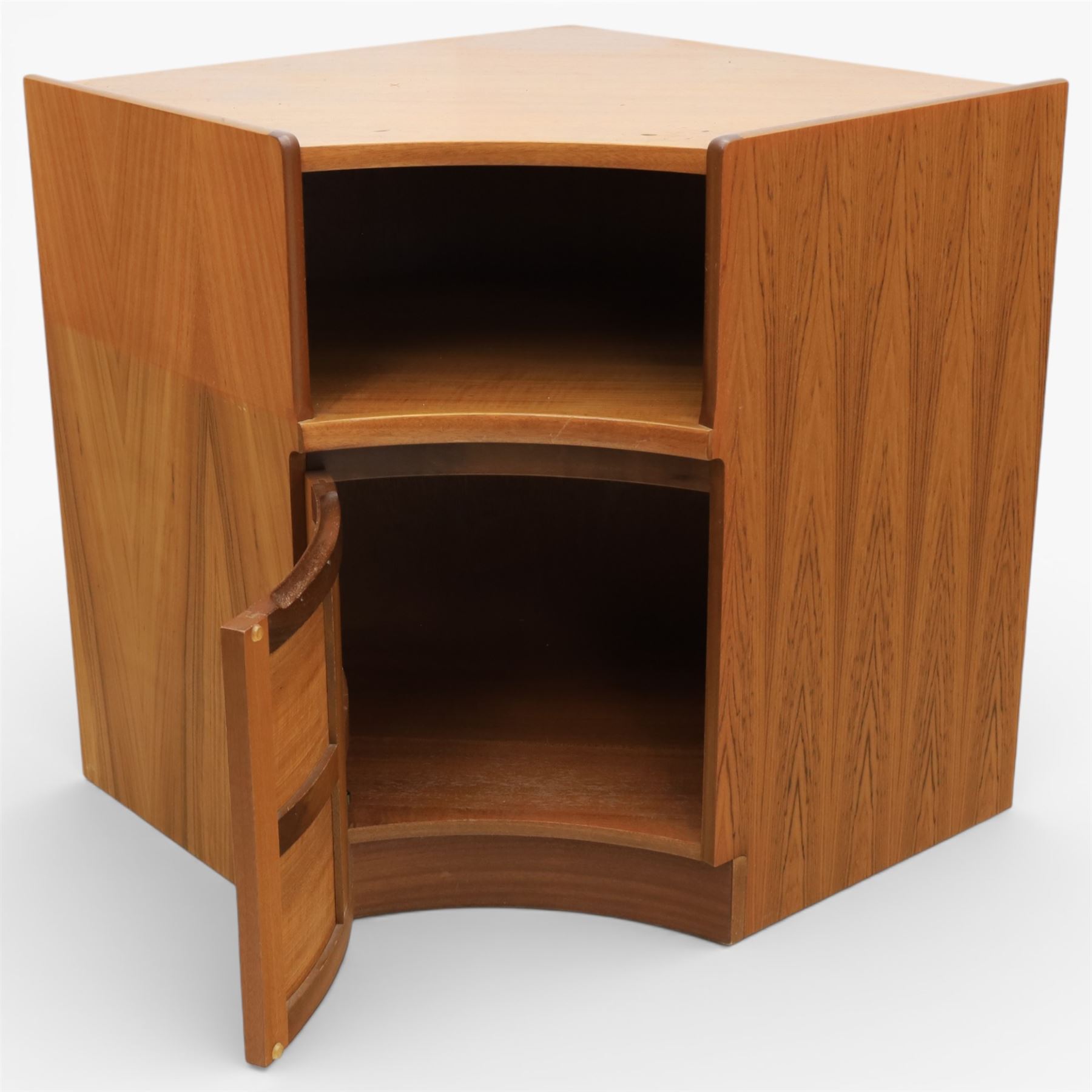 Nathan - concave corner cabinet, each of quarter round form with square top to fit against a wall, with open display compartment above a signature square panelled cupboard door, raised on a recessed plinth base