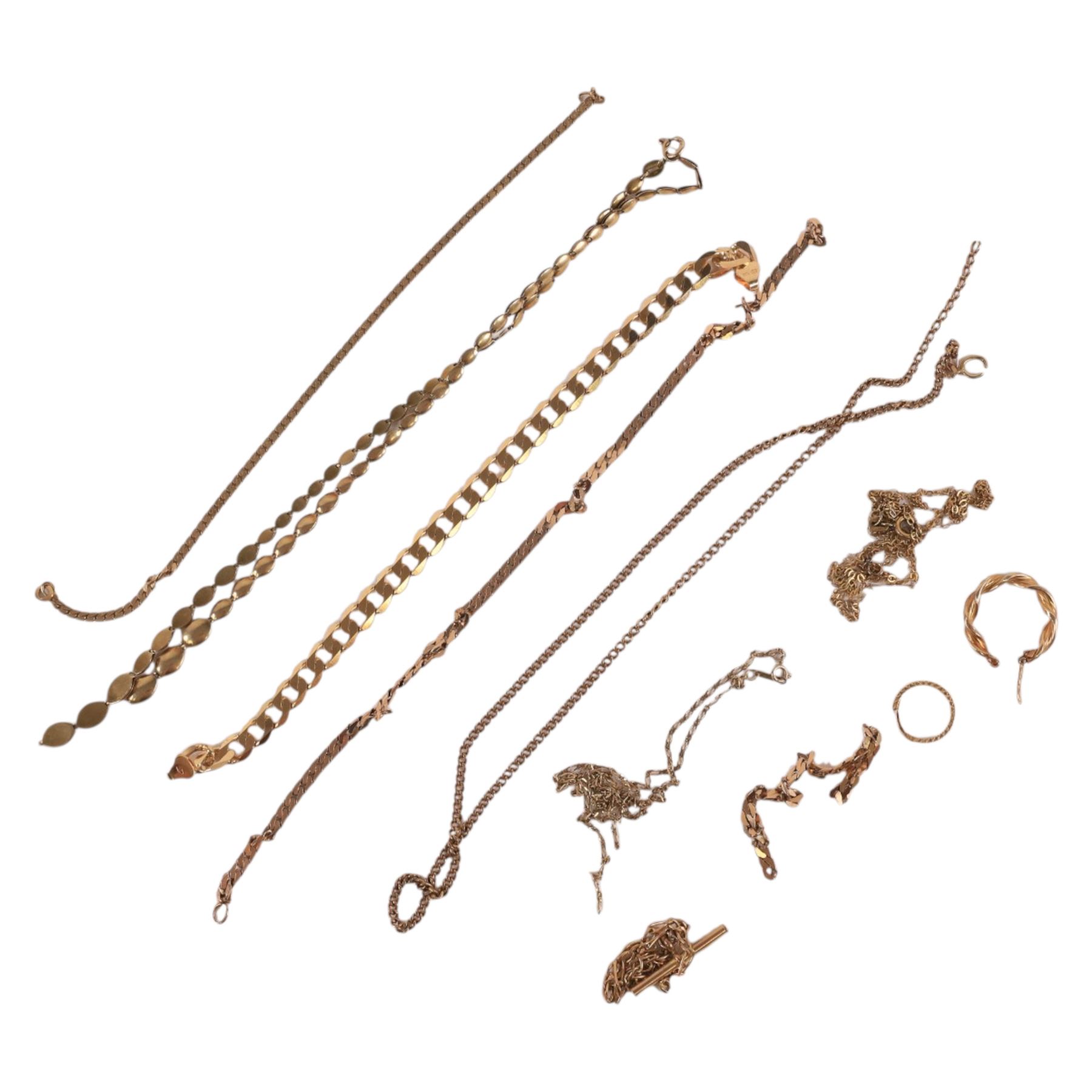 9ct gold jewellery and oddments, comprising chains, bracelets and single earrings
